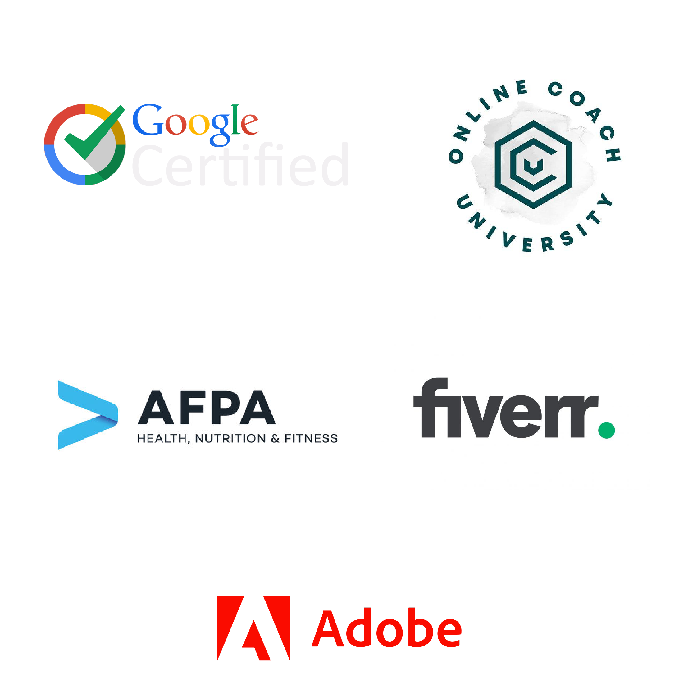 Google certified logo, OCA logo, AFPA logo, Fiverr logo, and Adobe logo.
